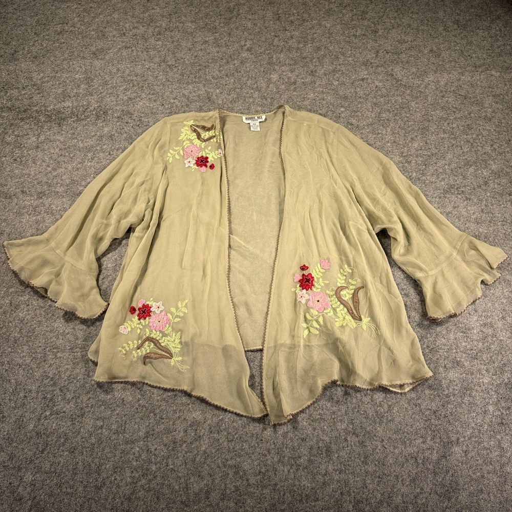 Robbie Bee Kimono Cardigan Womens 16W Green Silk‎ Sheer Embroidered Whimsy Fairy